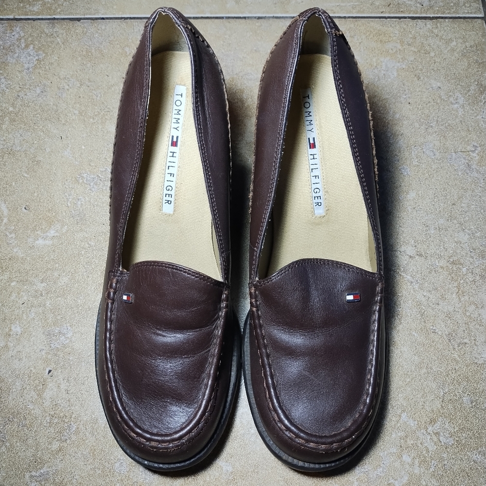 Tommy Hilfiger Vintage Y2K Brown Genuine Leather Chunky Slip On Loafers Size 7M